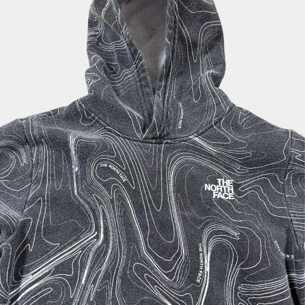 The North Face Boys Hoodie Small 7/8 Gray Topo Map Print Pullover Sweatshirt TNF